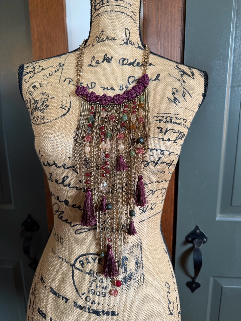 Chico's Boho Tassel Statement Necklace - Plum, Gold & Multi. Beaded.